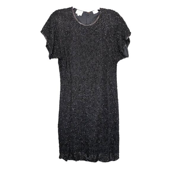 Vintage Stenay Women's 12 Beaded Silk Black Cocktail Midi Evening Dress Party - Picture 1 of 7